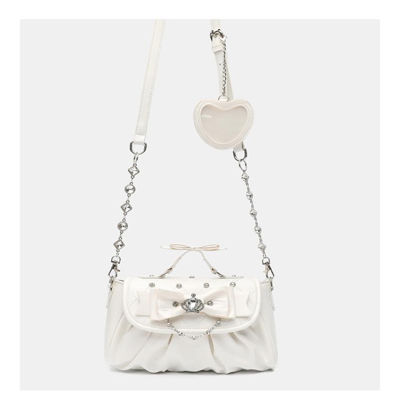 Elegant Pink Bow Rhinestone Underarm Bag Sweet Lolita Pleated Shoulder Bag Portable Bow Handle Handbag Cute Ita Purse
