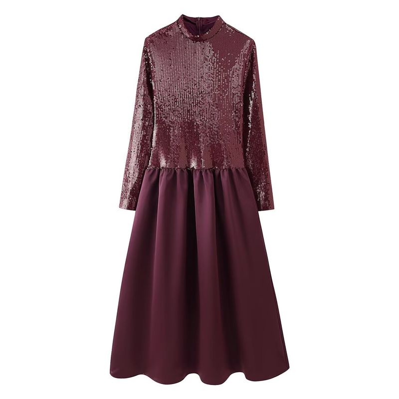 

Kaslead New Women clothes Western Style Fashion Simple round Neck Sequins Patchwork Big Hemline Dress Image color L