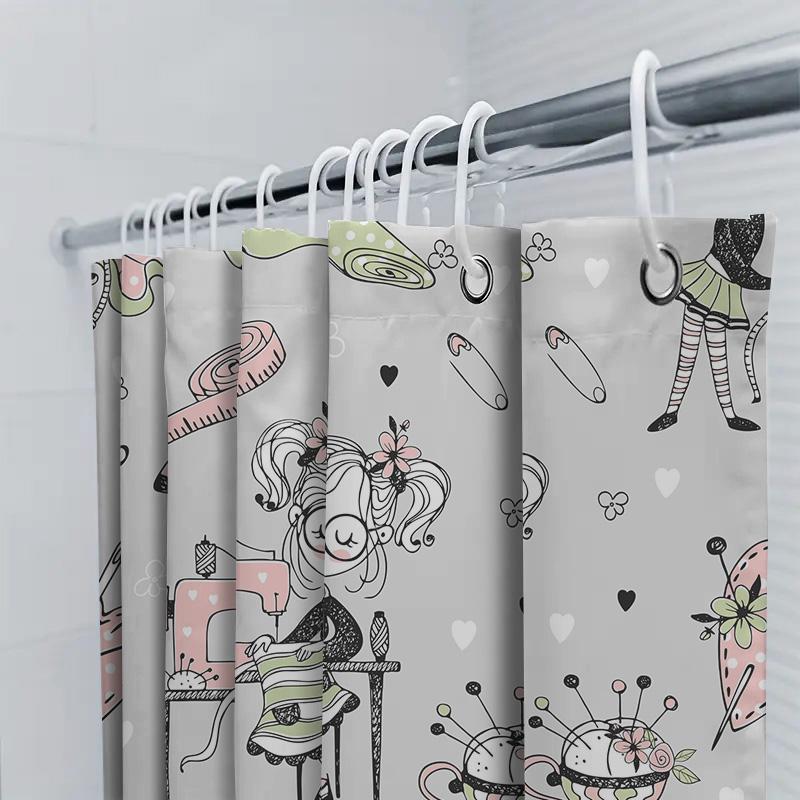 Floral Pattern Sewing Machine Cartoon Shower Curtain for Bathroom Decor White Pink Green Black Modern Kids Bath Mat Set 180x245c