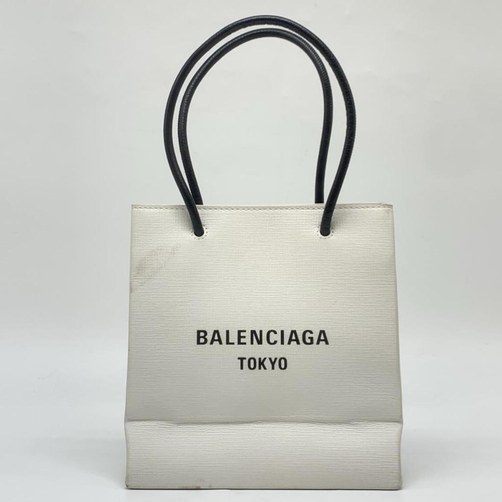 BALENCIAGA Aoyama Limited Shopping Tote Bag XXS Handbag Shoulder Calfskin Leather White Black 2WAY Logo Print Unisex Women's Men's