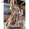 Herbst Frühling Damen Plissee Midi Rock Elastischer Bund Kontrastfarbe Blumendruck Eleganter Rock Feminin Vintage Maxi Lang Damenrock