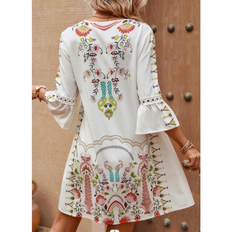 Damenmode Sommer Frühling 3/4 Ärmel V-Ausschnitt Lockere Taille Freizeitkleider