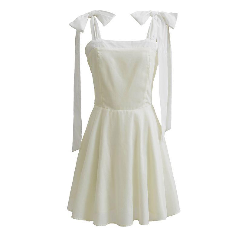 

Catch White Moonlight French style Sweet Fairy Bow Shoulder Strap Dress Patchwork Waist Slimming Suspender Dress Apricot Bows strap L