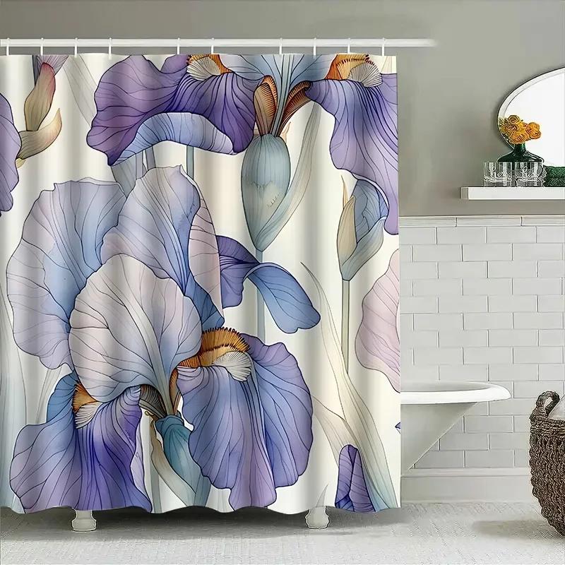 Elegant Iris Flower Pattern Shower Curtain for Home Decor - Soft Purple and Blue Floral Design Waterproof Bathroom Accessory