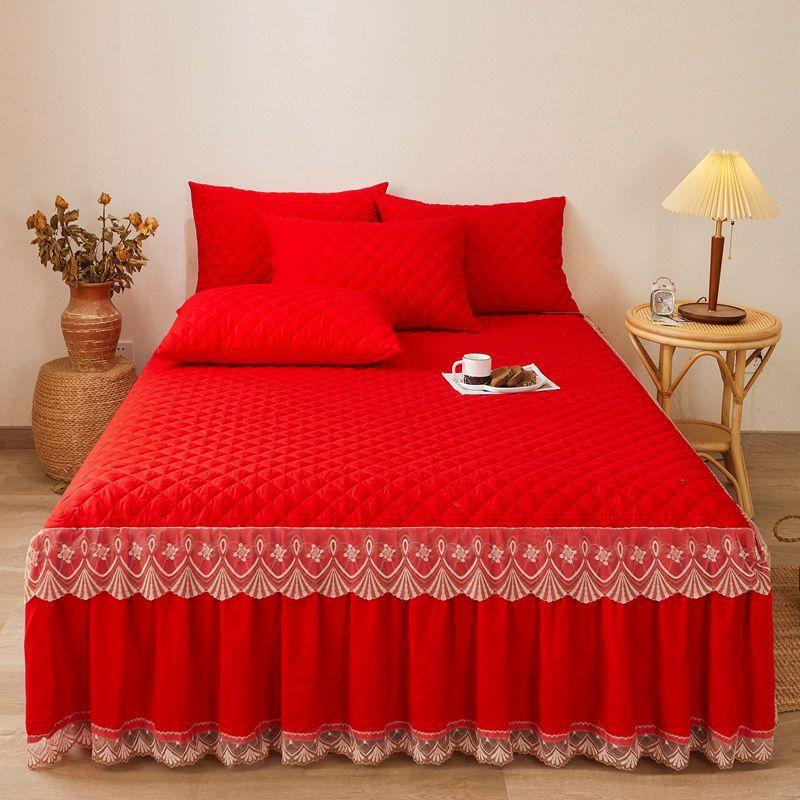[Suitable for Sleeping Naked] Three-piece Set of Padded Bed Skirt, Thickened Non-slip Bed Cover, Lace Bed Sheet, Mattress Protective Cover