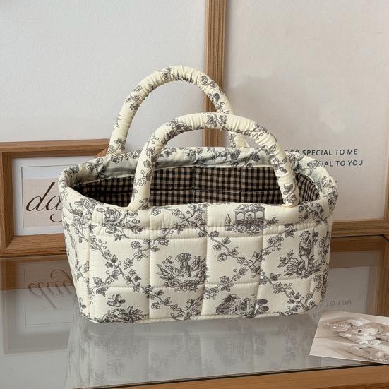 Quilted Handbag with Built-in Handle Vine Pattern Compact Size Foldable Plant Pot Organizer Cosmetics