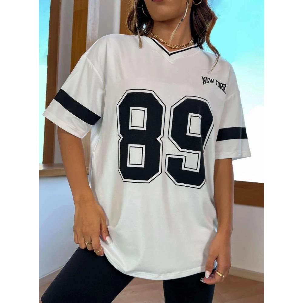 Summer Women's Champion Printed T-shirt Summer Basic V-neck T-shirt Casual Retro Street Style T-shirt Plus Size Top