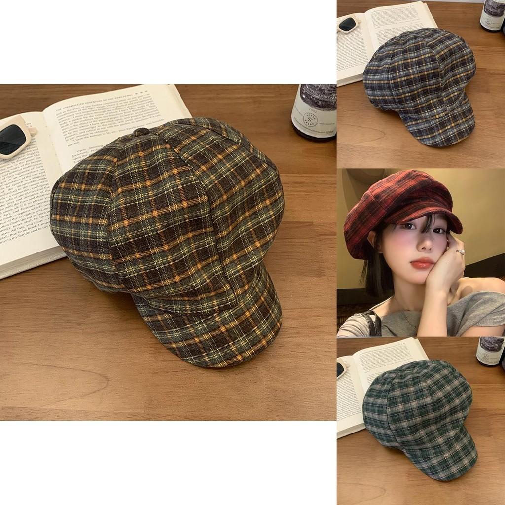 Vintage Red Plaid Cloud Beret Hat For Women Summer Casual Fashion Accessory