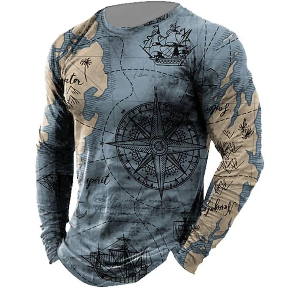Retro Style 3D Guide Printed Men's Casual Round Neck Long Sleeved T-shirt
