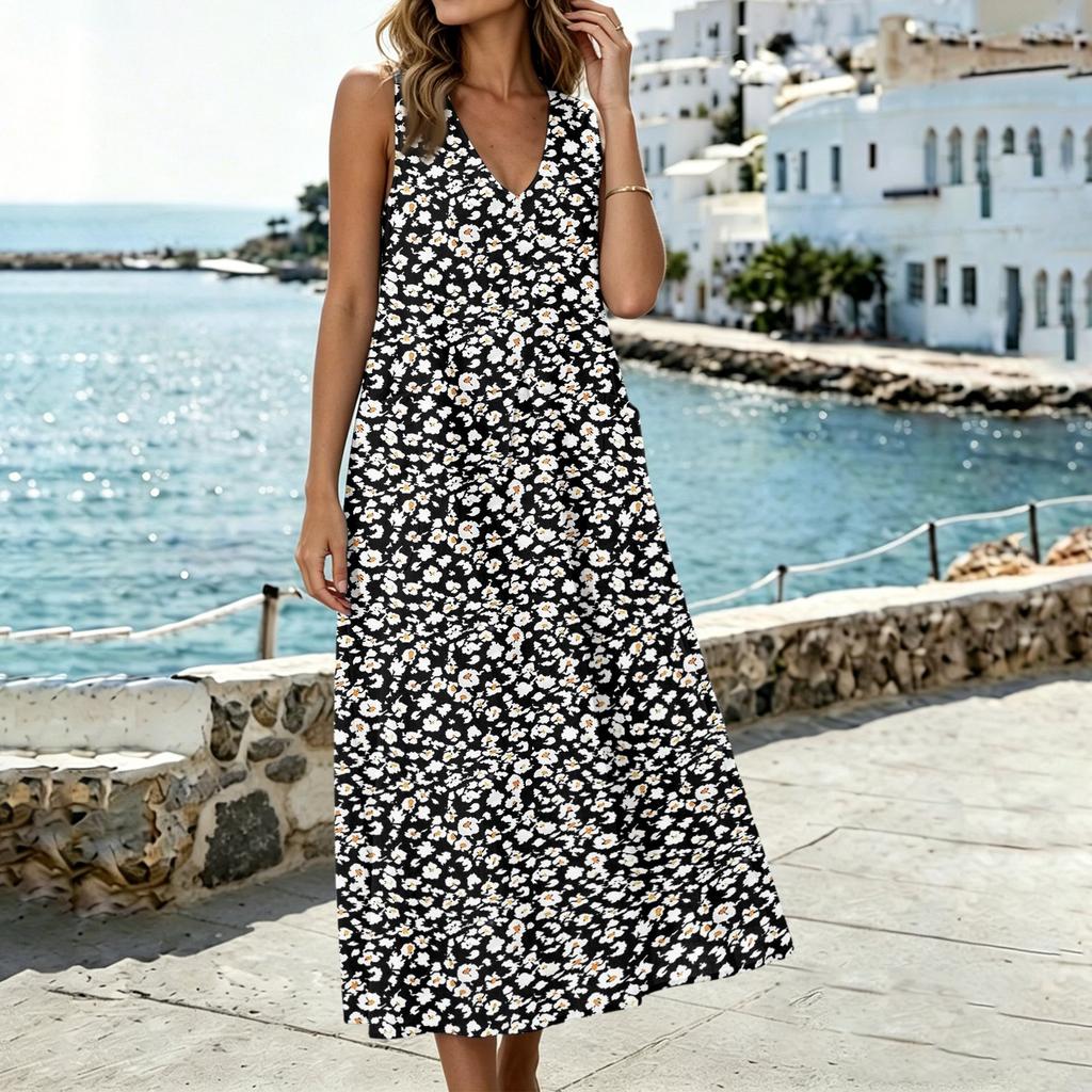 Women's Sleeveless U Neck Midi Dress with Pockets and Side Slits Cotton Linen Floral Print Casual Loose Fit Vest Dress