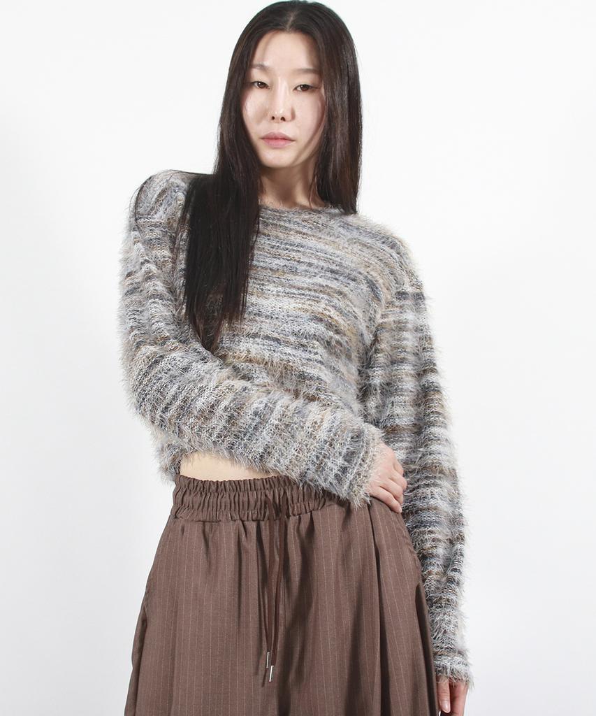 Deumakeu Rainbow Stripe Crop Long Sleeve Knit - Beige