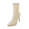 2024 New Womens High-heeled Mid Calf Boots with Side Zipper Pointed Toe Thin Heel Anti Slip Waterproof Winter PU Fashion Boots