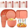 48pcs Plate Sets Wheat Straw Eco-Friendly Ramen Bowl Tableware Dinner Dishes Set Camping Tableware Set With Knife Fork Spoon