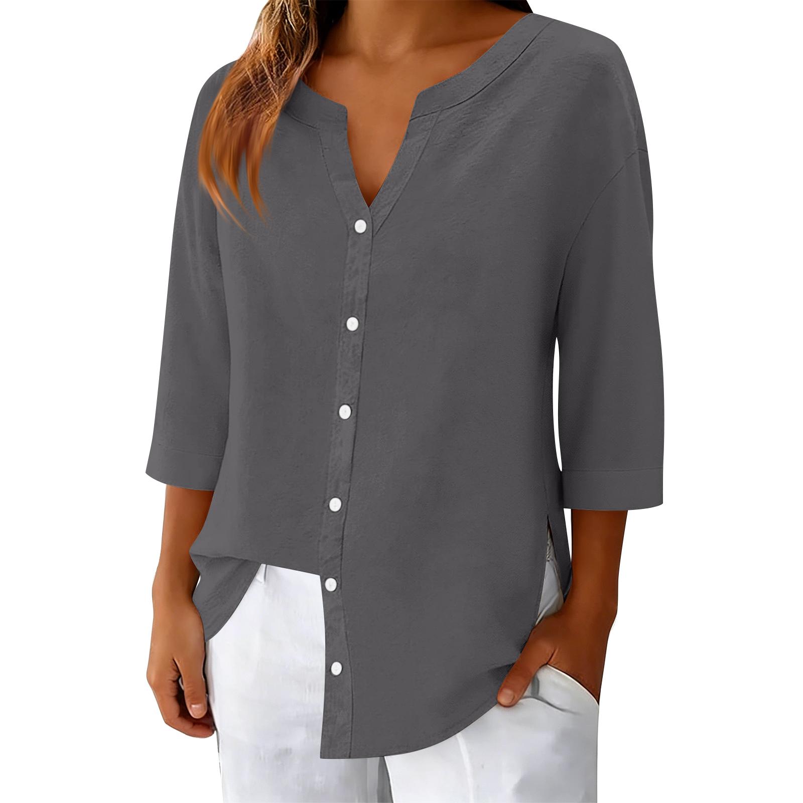 Women V Neck Button Down Three Quarter Sleeve Casual Top Relaxed Fit Split Side Tunic Shirt for Everyday Wear S