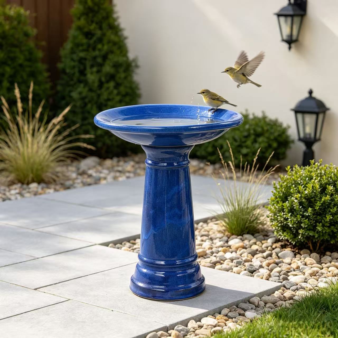 Handgefertigter Keramik-Vogeltränke (Durchmesser 31,5 cm, Höhe 38 cm), Glänzende königsblaue Glasur, wetterfest & frostbeständig, für Garten, Terrasse und Balkon 31.5 x 31.5 x 38 cm