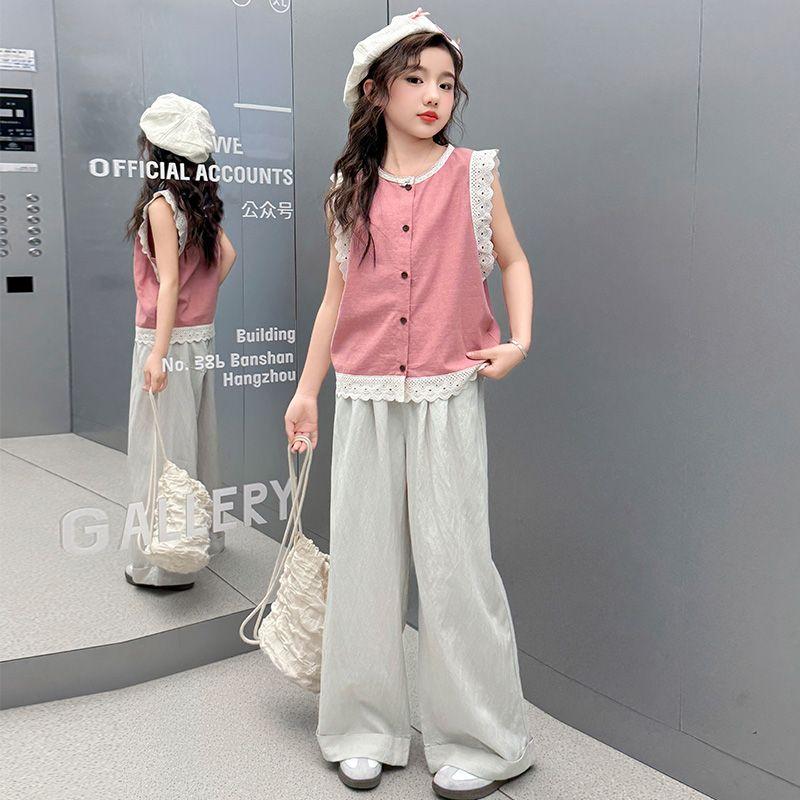 

Летний стильный и модный детский летний наряд для девочек, тонкие широкие брюки, комплект из двух предметов 170 розовый