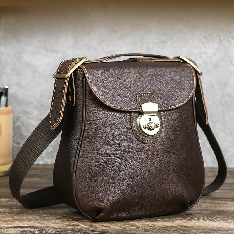 Men Top Grain Crazy Horse Leather Crossbody Bag Multi-Zipper Pockets Vintage Texture