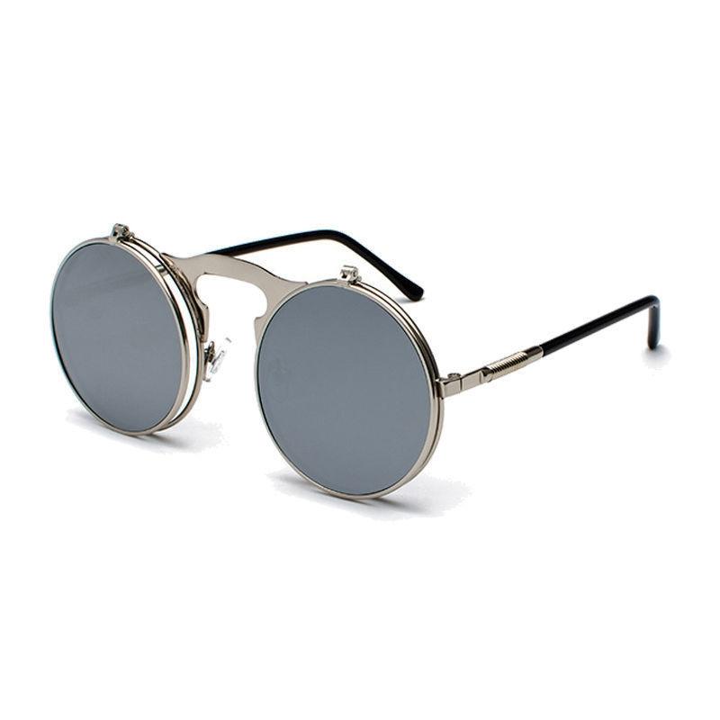 Vintage Metal Steampunk Flip-Up Sunglasses, Trendy Round Frame Glasses, Flip Top Shades