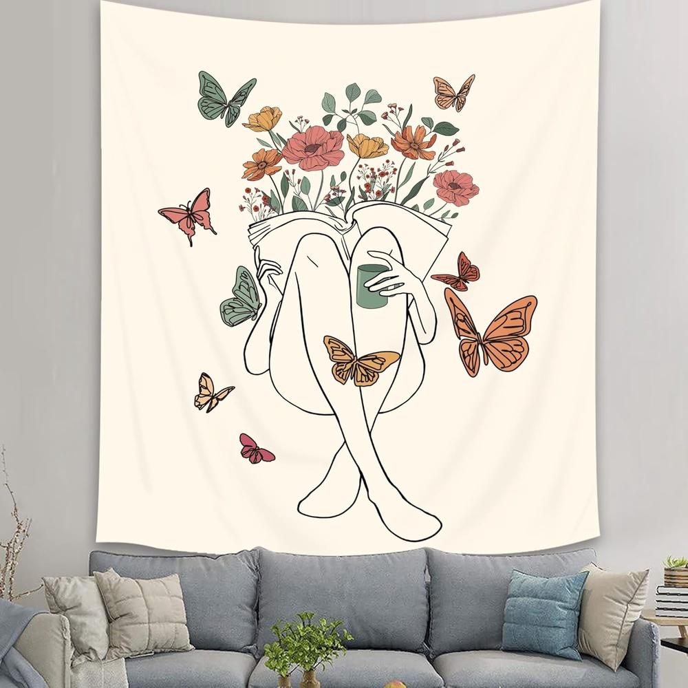 Bohemian Chic Abstract Feminine Line Art Tapestry Soft Velvet Polyester Knit Fabric Simple Pastel Decor Easy to Hang Home Decor