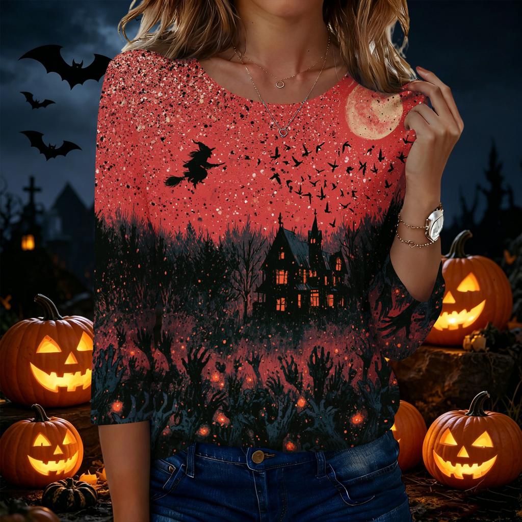 Women's Casual Round Neck Three Quarter Sleeve Halloween Print T Shirt Top Lightweight Comfortable Fit for Everyday Wear