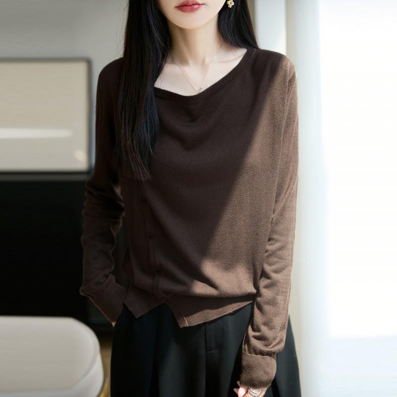 Winter Tencel Wool Blend Knit Cardigan Womens One Shoulder Long Sleeve Loose Top