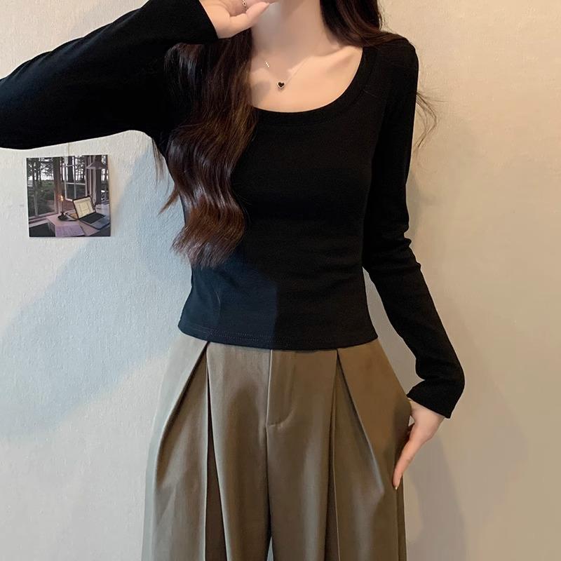 Entworfenes U-Ausschnitt Slim-Shoulder Langarm-T-Shirt für Damen Frühling und Herbst neu hoch tailliert freiliegendes Schlüsselbein sexy Innen-Unterhemd