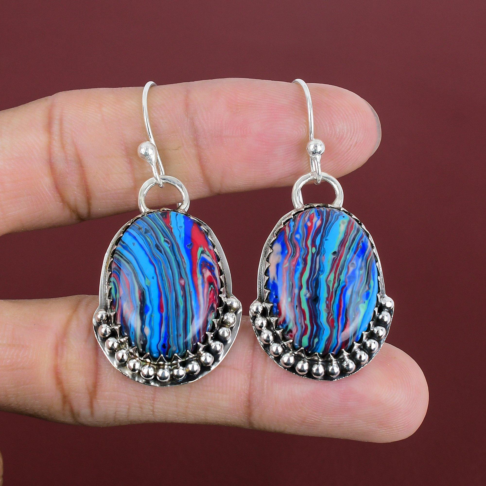 Rainbow Calsilica Gemstone Earring 925 Sterling Silver Earring Handmade Earrings Birthstone Jewelry Engagement Gifts Designer Silver Jewelry