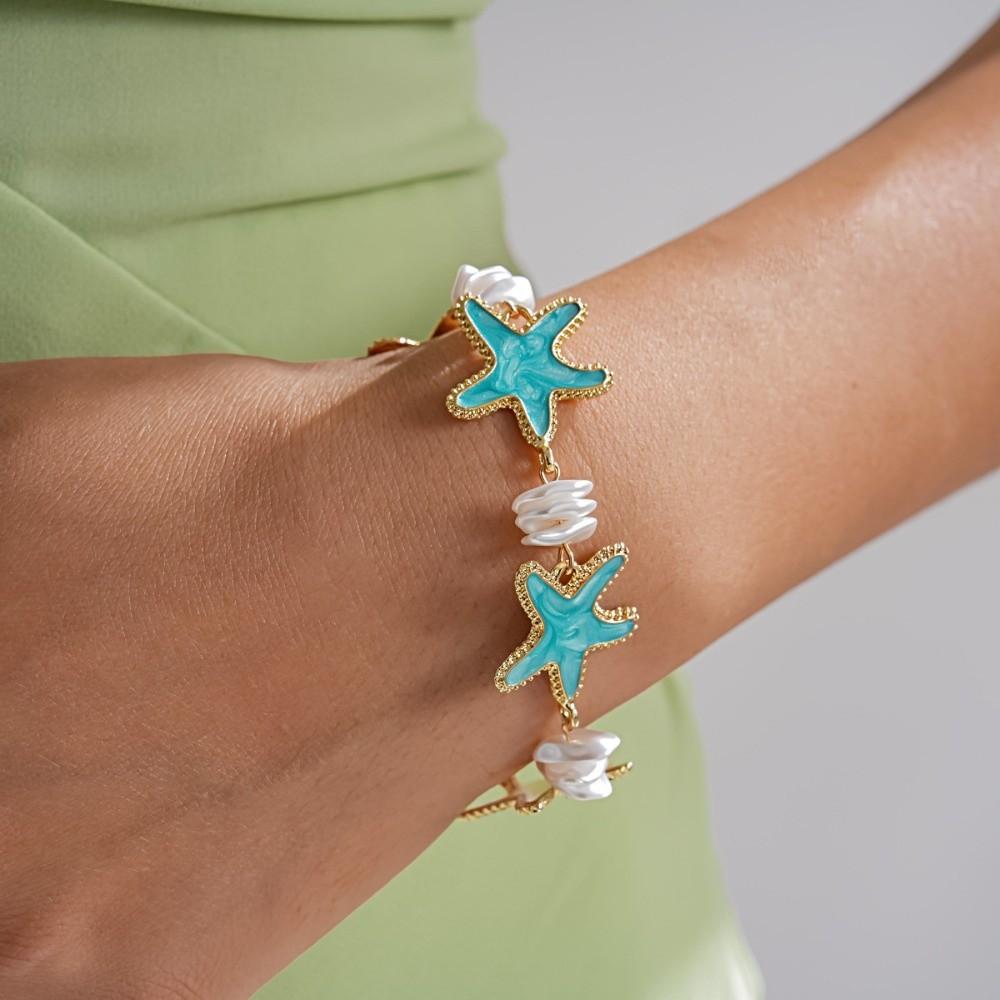 Bohemian Style Acetate Starfish Bracelet Ornaments Adjustable Acetic Acid Star Bangle with Pearl Decorations Beach Hand Chain