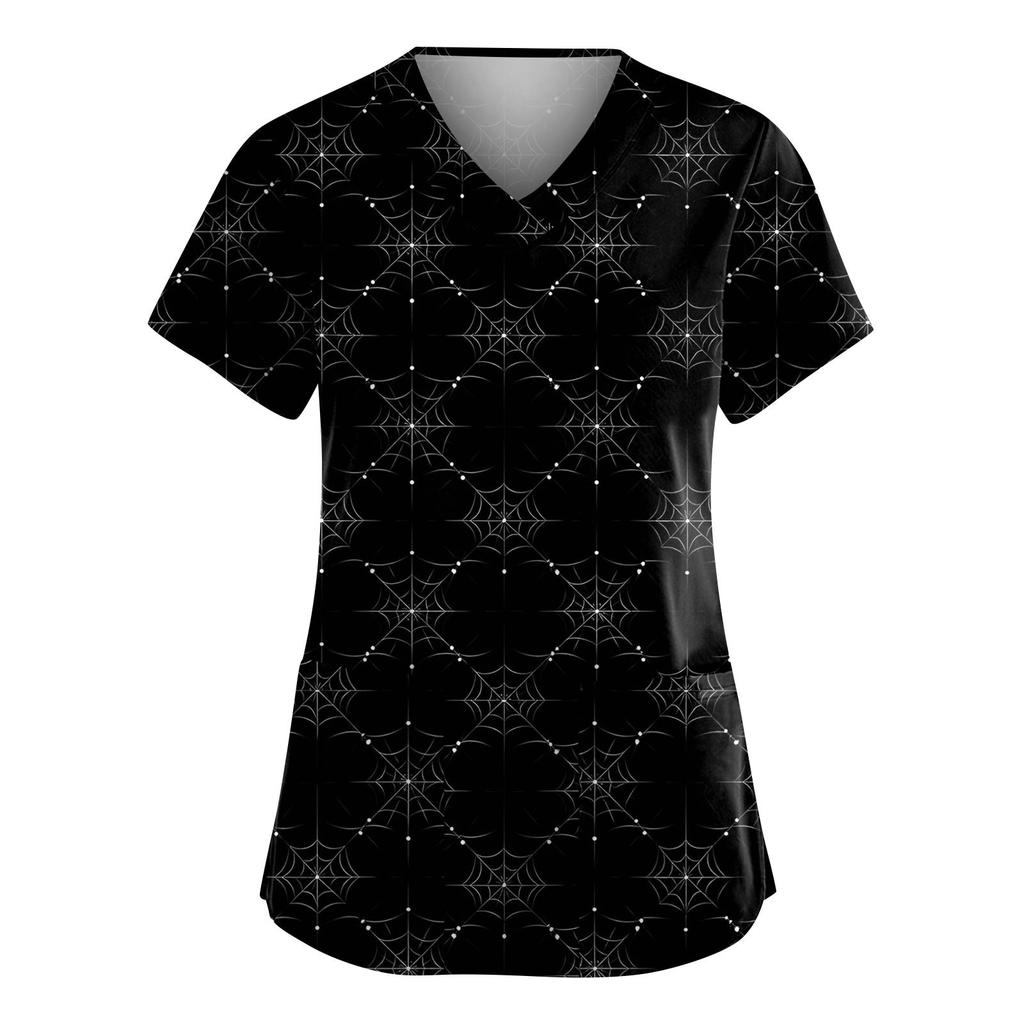 Women's Fashion V-Neck Short Sleeve Overalls With Pockets Halloween Printed Tops  Apparel