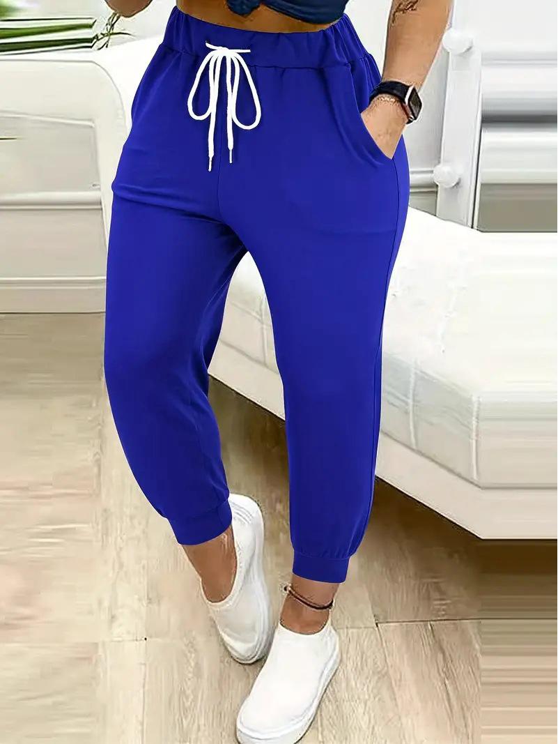 

High-Waisted Tie-Up Cuffed Women s Solid Color Versatile Casual Pants 4XL синий