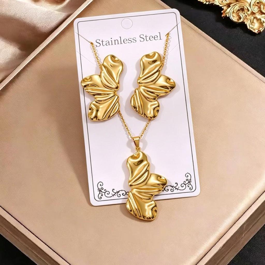 Gold-Plated Stainless Steel Retro Earrings & Necklace Set - Non-Fading Jewelry