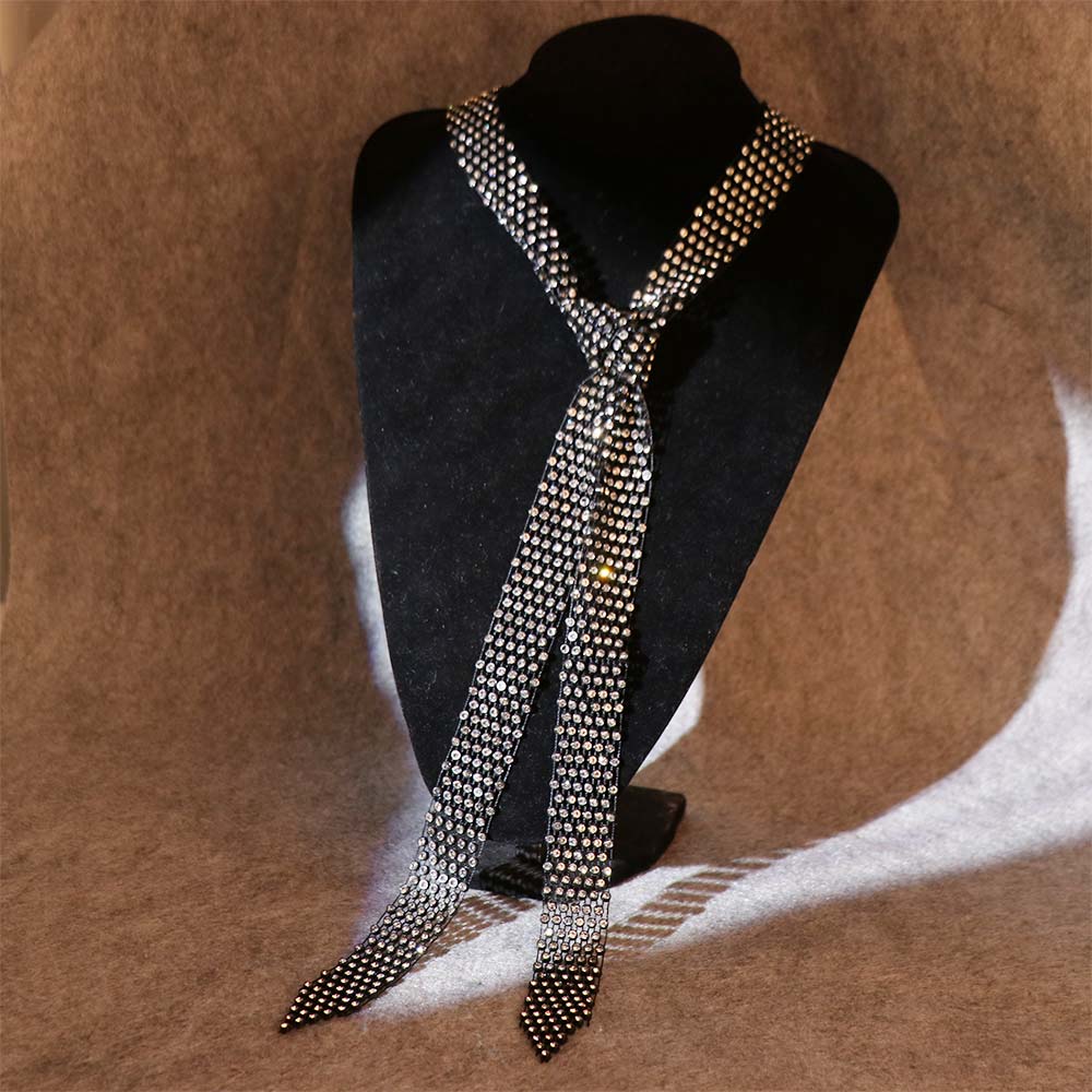 Dazzling Rhinestone Necktie Black Rhinestone Tie Clothing Decoration Long Necklace Women