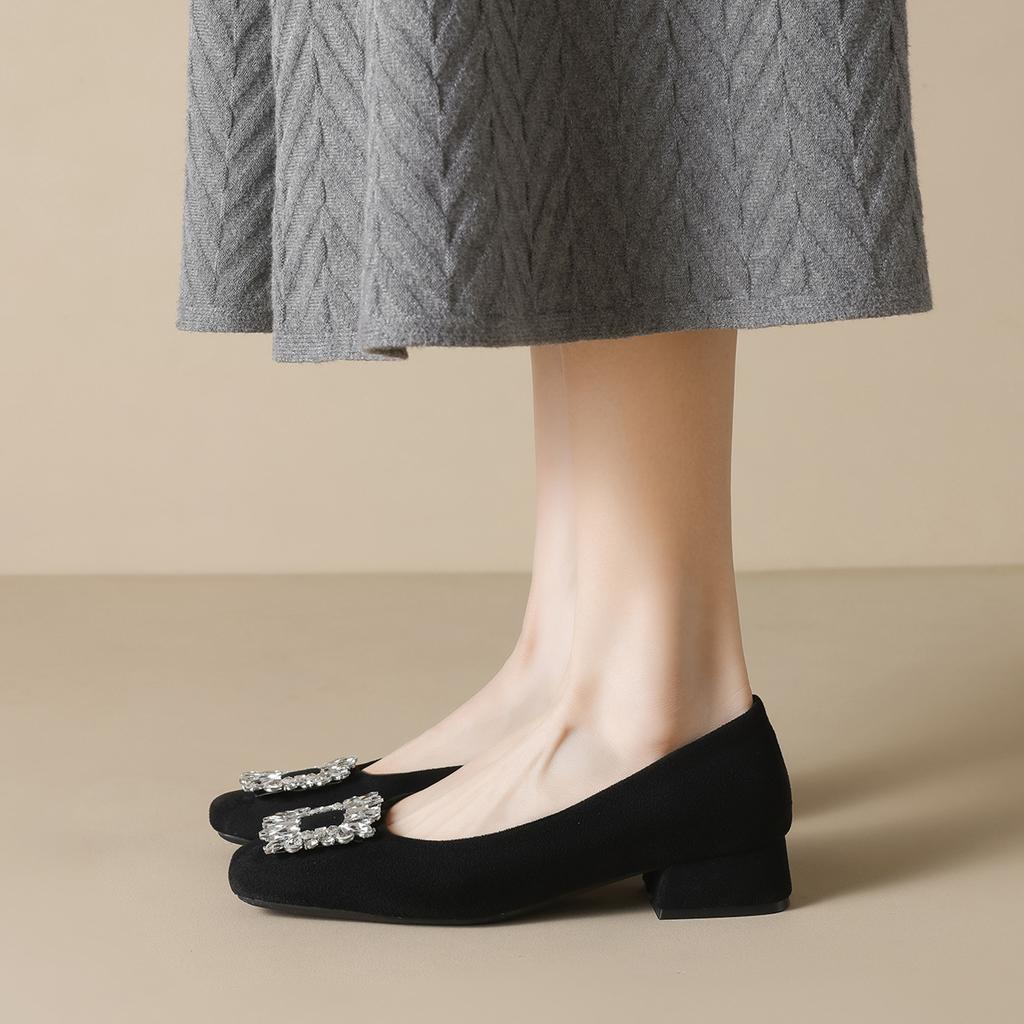 Square Head Single Shoes Women's Thick Heel Black Work Shoes Rhinestone Shallow Mouth High Heels Women