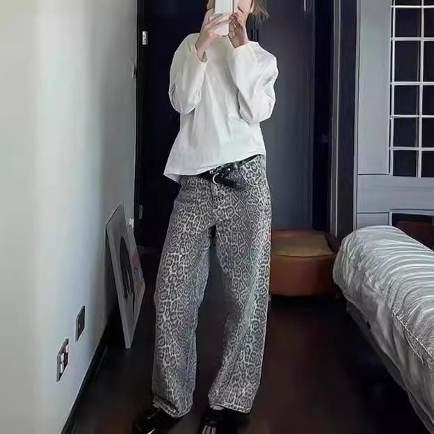 Y2K American retro TRINITE leopard print jeans hip hop street straight wide leg pants vibe style loose casual