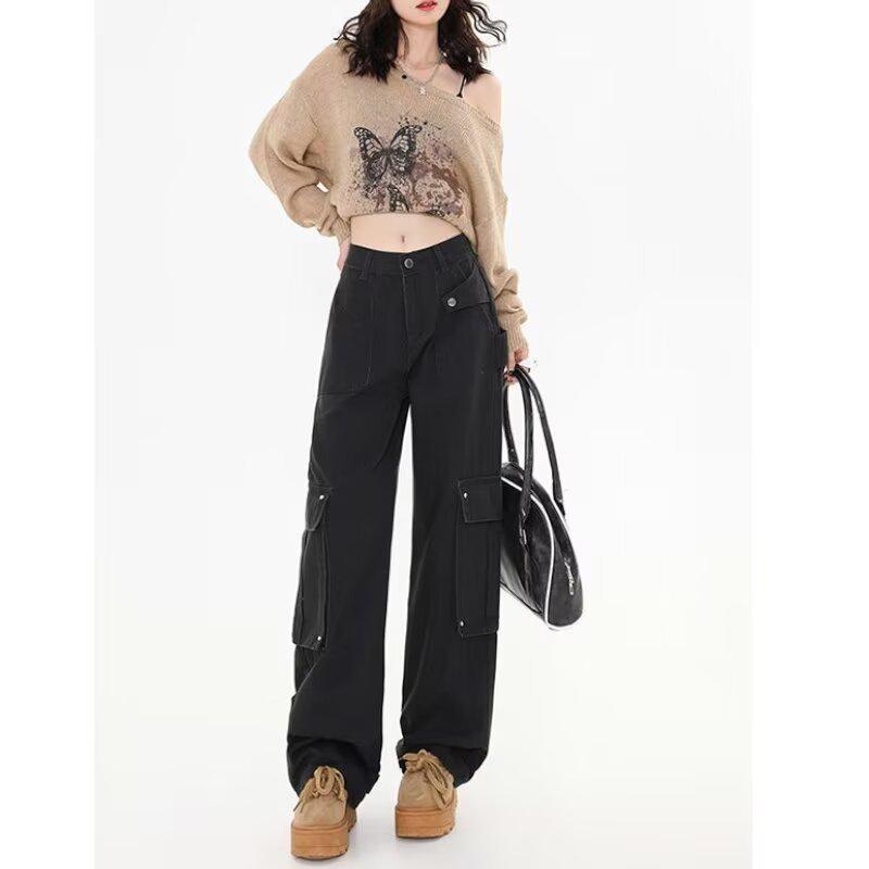 

Американские джинсы карго больших размеров с широкими штанинами: Стильный свободный крой с облегающими прямыми брюками для женщин L чёрный