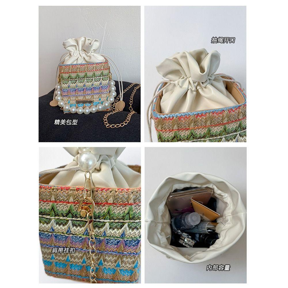 Bohemian Straw Shoulder Bag Elegant Women's Crossbody Bag Evening Purse Pearls Straw Handbag  Beach