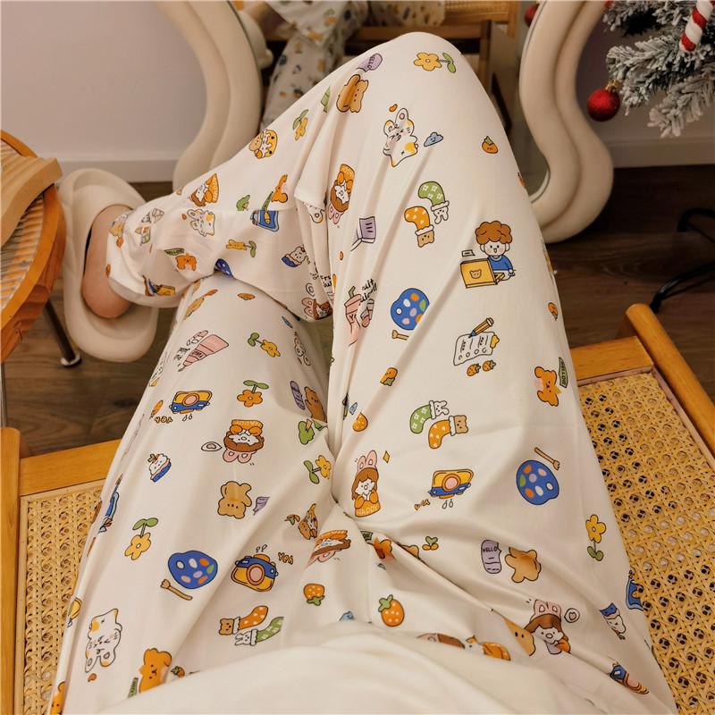 "Damskie spodnie piżamowe z kreskówkowym nadrukiem": Luźne, całoroczne spodnie do noszenia w domu lub na zewnątrz"