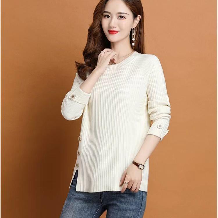 Fall/Winter Women's Crewneck Sweater Loose Slit Knitwear Pullover Solid Color Stretch Knit Top