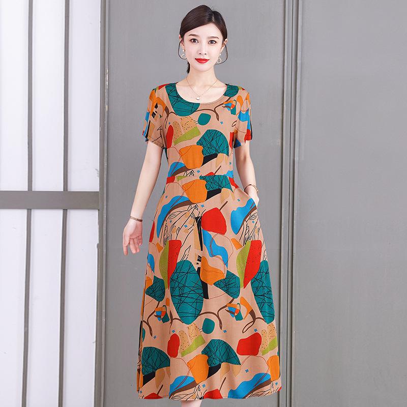 2023 Plus Size Floral Summer Cotton Dress for Middle-Aged Women