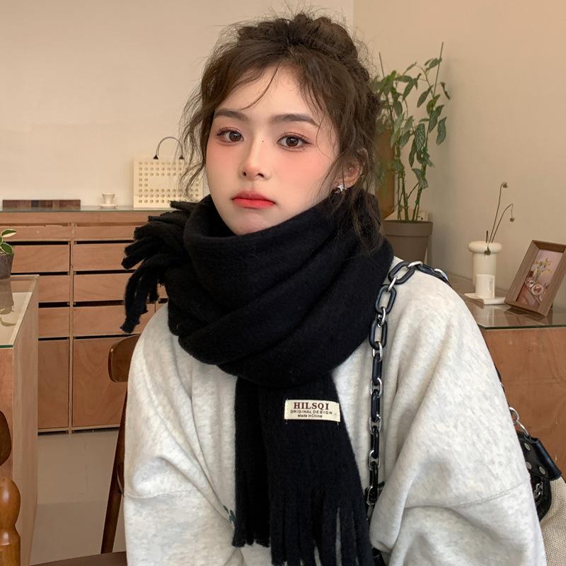 Solid Color Tassel Soft Waxy Plush Scarf for Women Autumn and Winter Plus Velvet Thickening Korean Style Versatile Couple Student Warm Scarf