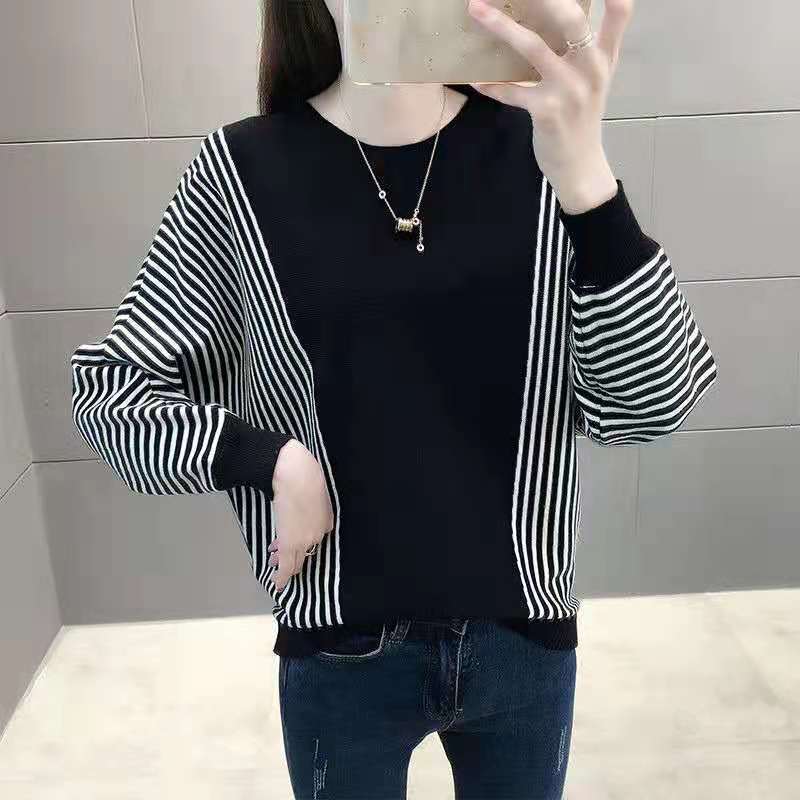 

Осенний новый вязаный кардиган женский топ с круглым вырезом футболка темперамент длинный рукав пальто модный полосатый свитер XXL чёрный