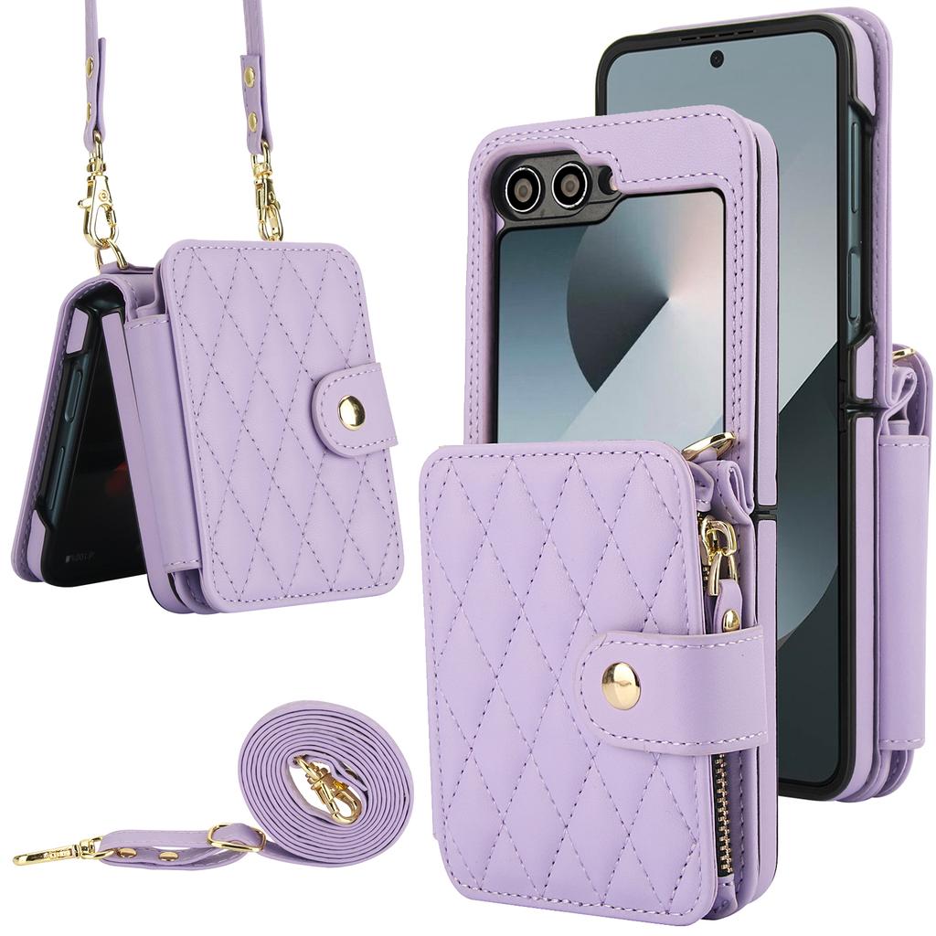 Crossbody Zipper Cards Solt Wallet Leather Case for Samsung Galaxy Z Flip 7 FE 6 5 4 Grid Pattern Flip6 Flip5 Long Lanyard Cover