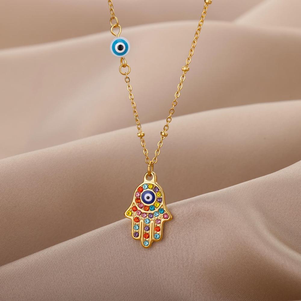 Personality Fashion The Eye of The Devil Fatima's Palm Colorful Zircon Pendant Necklace for Women Men Friend Amulet Jewelry Gift