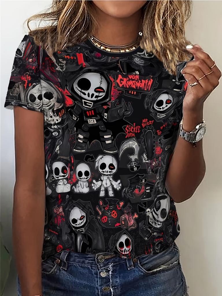 Gothic Skull Rose Print Women T Shirt Pink Floral Spider Web Casual Short Sleeve O-neck Dark Aesthetic Summer Tops
