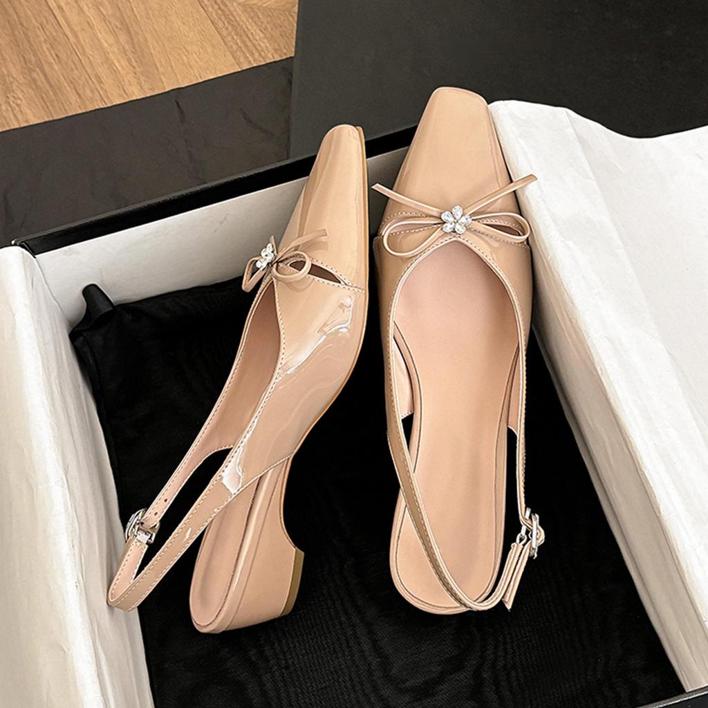 Sheepskin rhinestone bow hollow leather sandals women's square head thick heel summer wear with skirt bag head shoes
