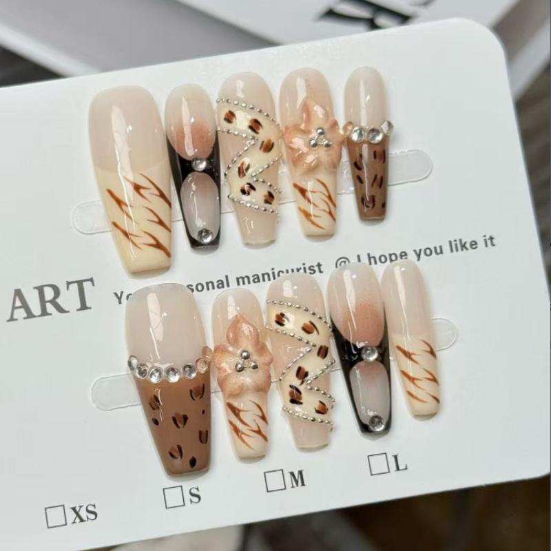 10Pcs Handmade Neutral Nude Fake Nails with Leopard Print & Rhinestone Decorations XS