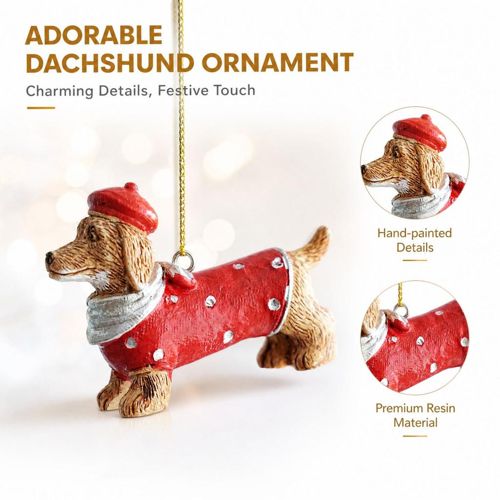 Christmas Resin Dog Shaped Ornament with Antlers and Hat, Hanging Tabletop Decoration for Holiday Home Decor