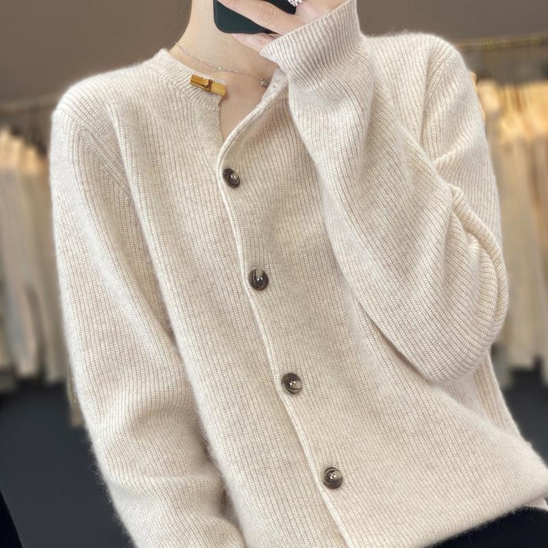 Autumn-Winter 2025 Wool Cardigan: Short, Thick, Oblique Lapel Jacket, Soft Cashmere Knit Sweater.