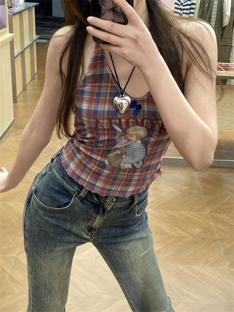 American Retro Cartoon Print Vest Grunge Women Off Shoulder Sleeveless Vintage Sexy Plaid Tank Tops Y2K Chic Halter Top Summer