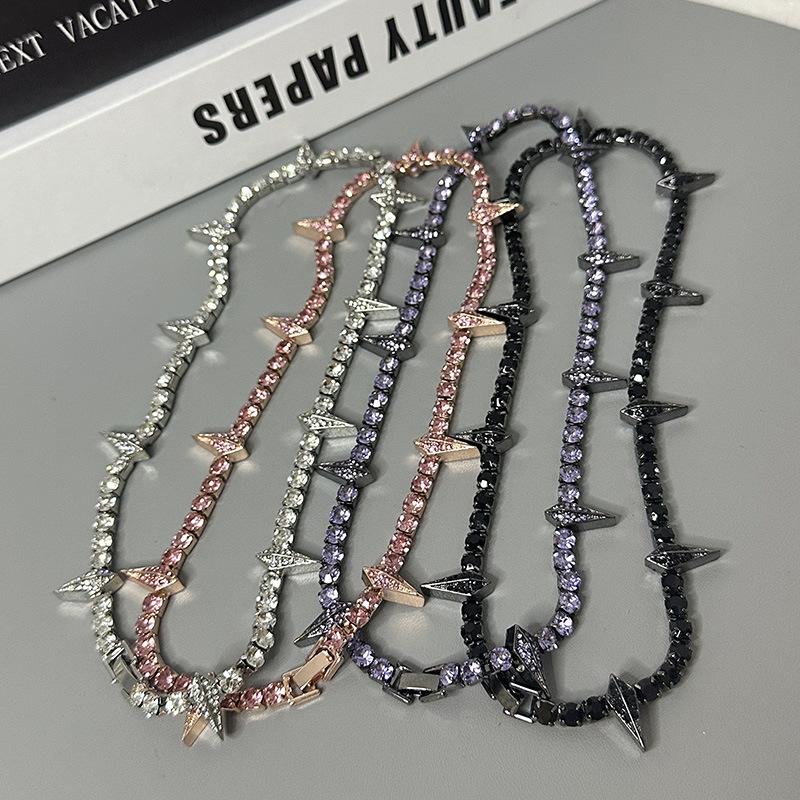 Tooxika Hip Hop Punk Personality Full Diamond Pointed Cone Necklace Street Style Sweet Cool Spicy Girl Collarbone Chain Men And Women Accessories